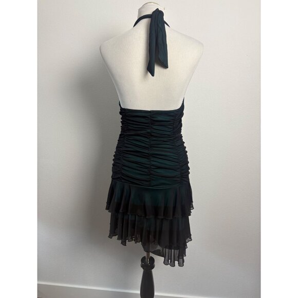 VTG 80s City Triangles Halter Dress Ruched Ruffled Hem Sm Black Teal Stretch Whi - Picture 2 of 8